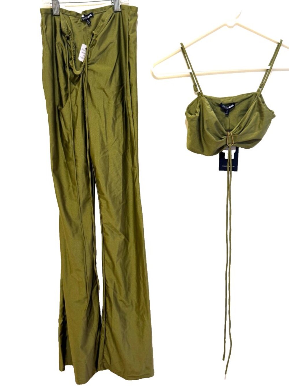 FASHION NOVA OLIVE GREEN RUCHED CROP TOP WIDE LEG KEYHOLE PANTS 2PC SET WOMENS S